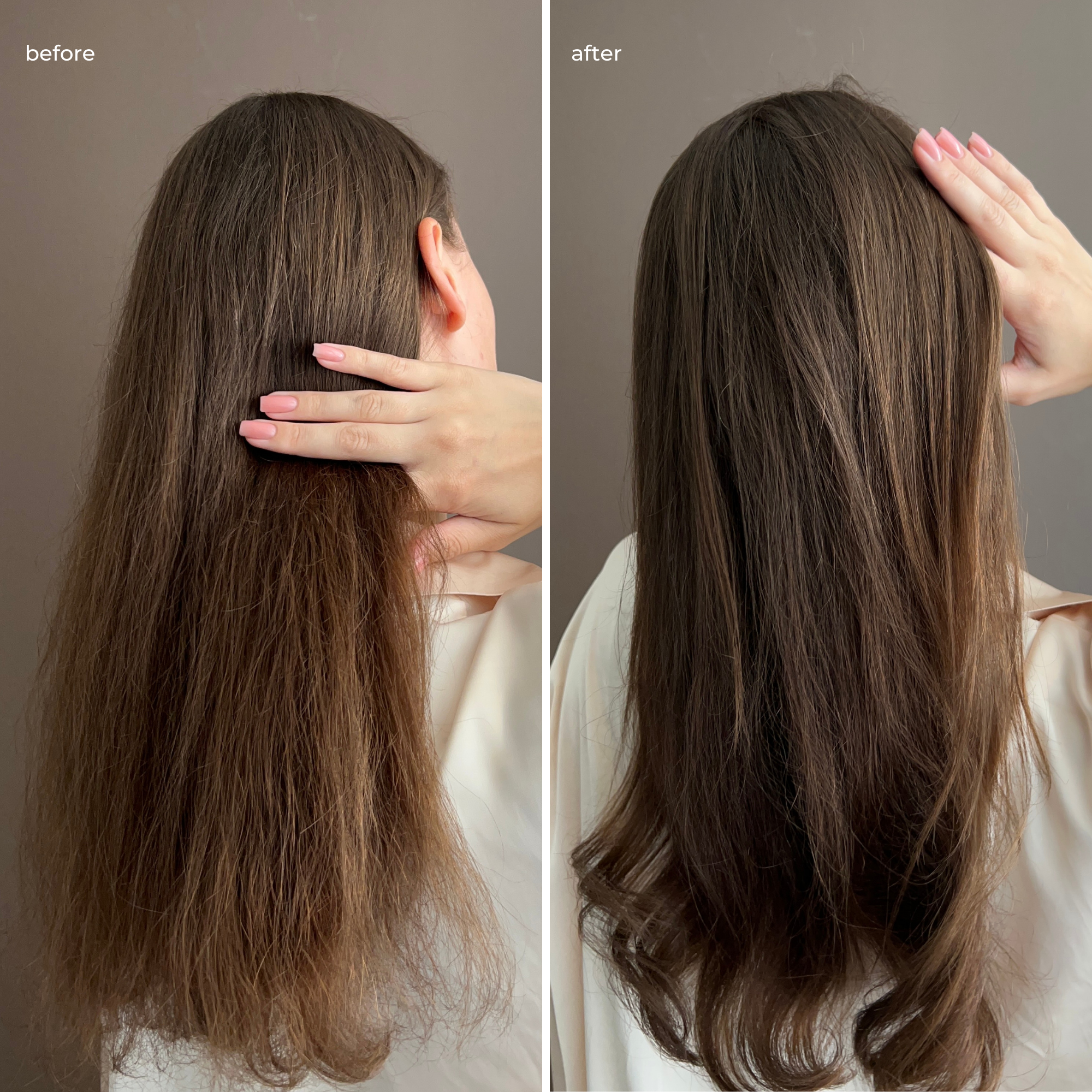 До використання догляду – сухе, пористе, ослаблене волосся; результат після – зволожене, міцне, блискуче та доглянуте.